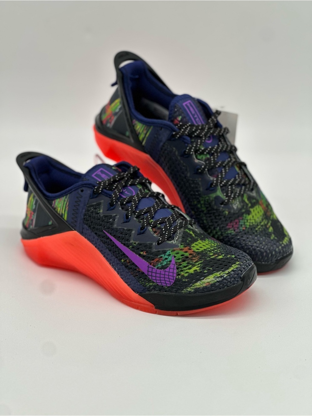 Nike Women's Multicolor Knit Sneakers with Purple Swoosh and Bright Orange Sole